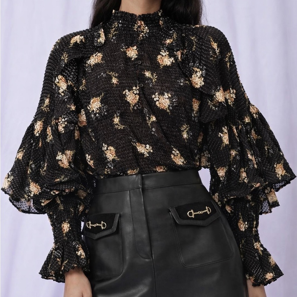 🆕⭐️Maje Floral Textured Blouse Black Ruffle Romantic Boho Top Size L (3) Chic